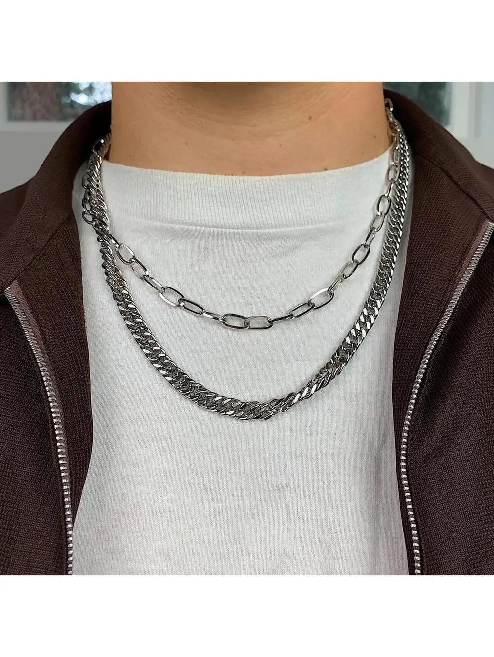 Stainless steel Cyber y2k Double layer silver chrome chain grunge Cuban link